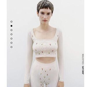 ZARA cropped tan floral embroidered long sleeve stretchy top size M-L